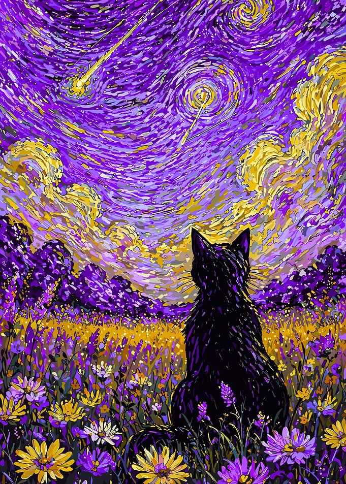 Black Cat Gazing at Starry Night Sky