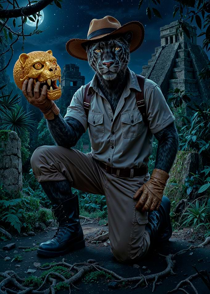 Anthropomorphic Panther Explorer in Jungle Ruins