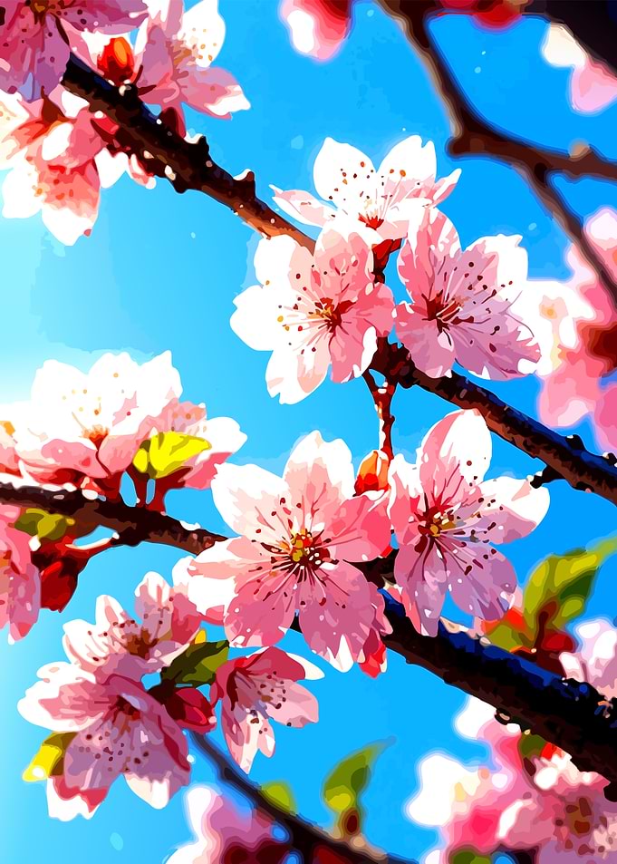 Pink Cherry Blossoms Against Blue Sky