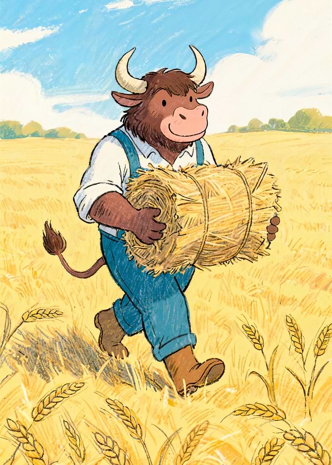 Anthropomorphic Bull Farmer Carrying Hay Bale