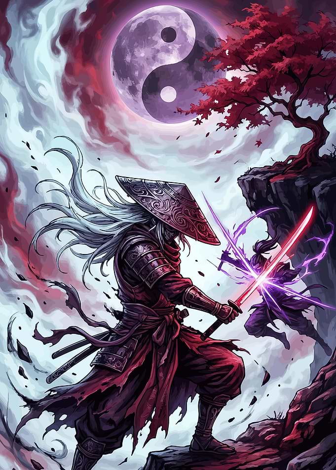 Samurai Battle Under Yin Yang Moon