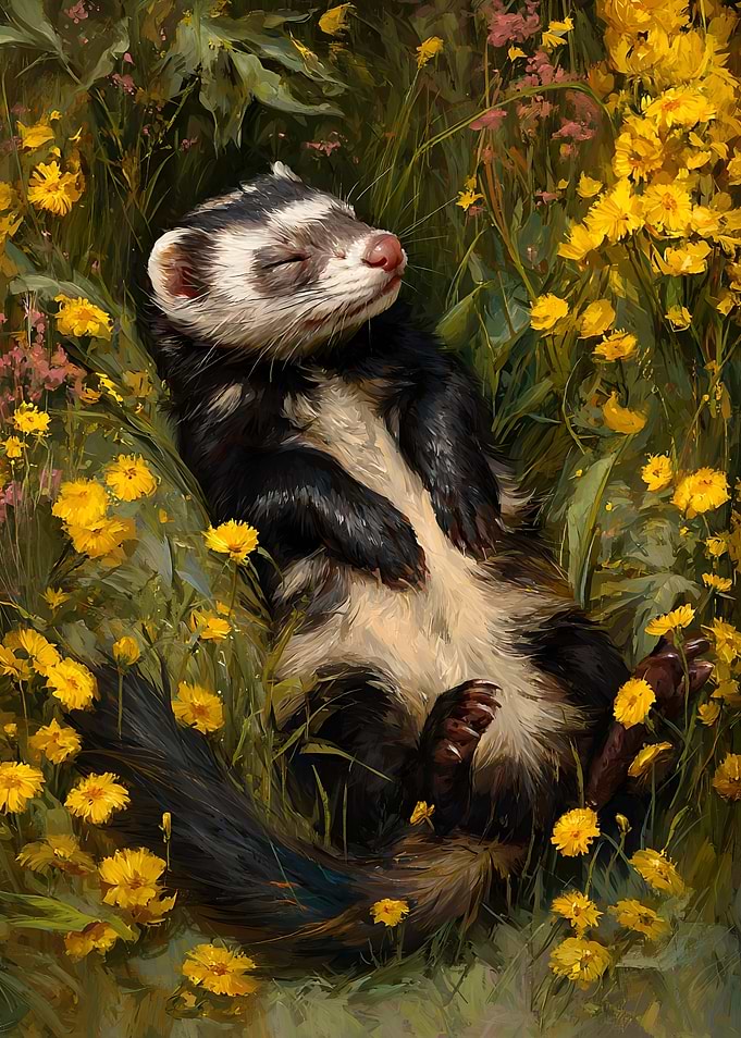 Ferret sleeping in a field of flowers
