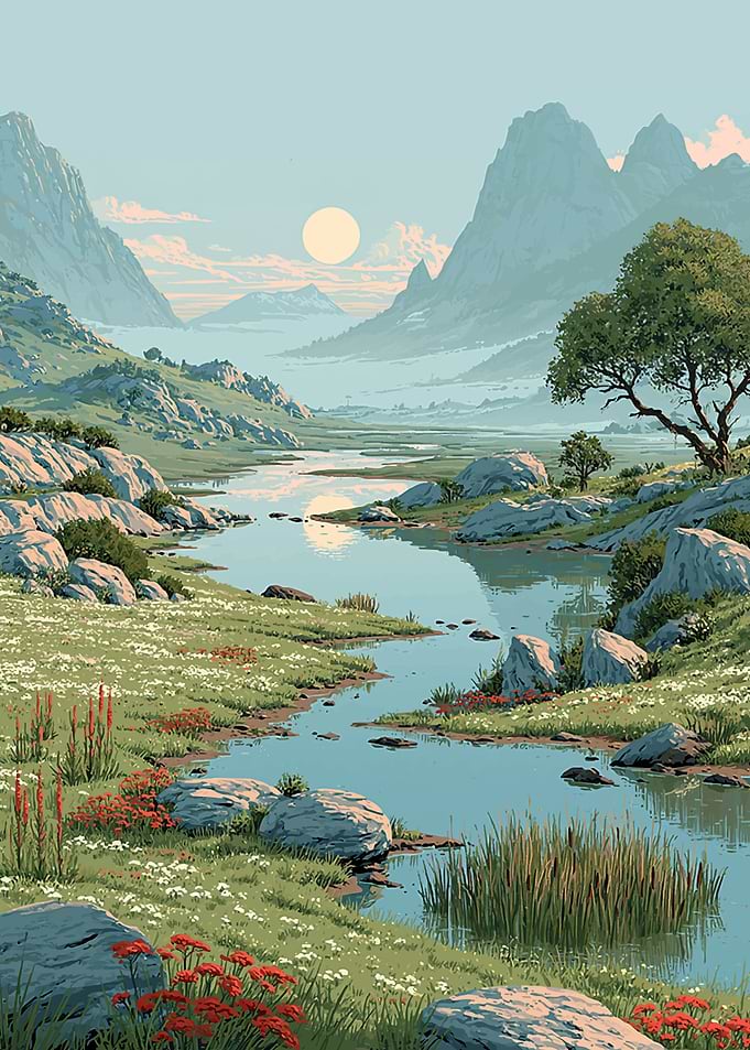 Serene Mountain Valley River Landscape