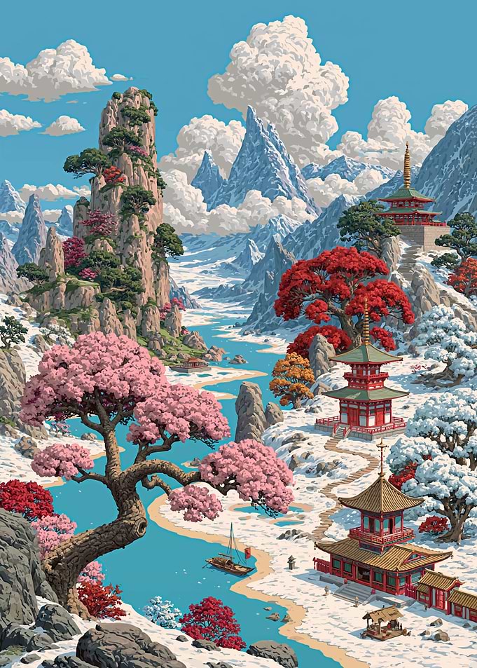 Serene Japanese Winter Landscape with Pagodas
