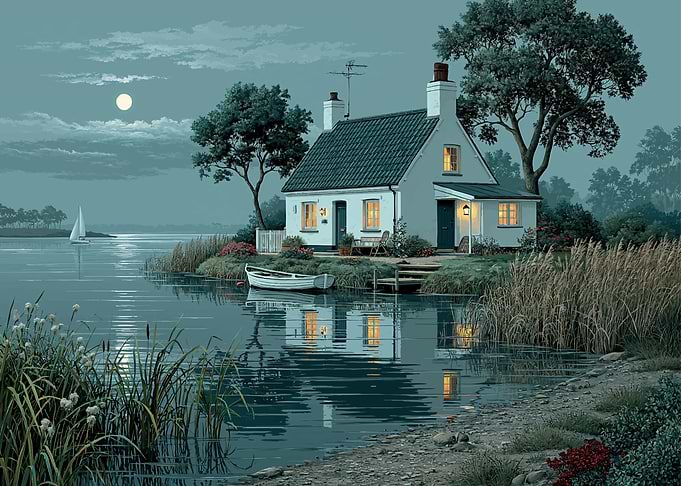 Moonlit Cottage by the Lake