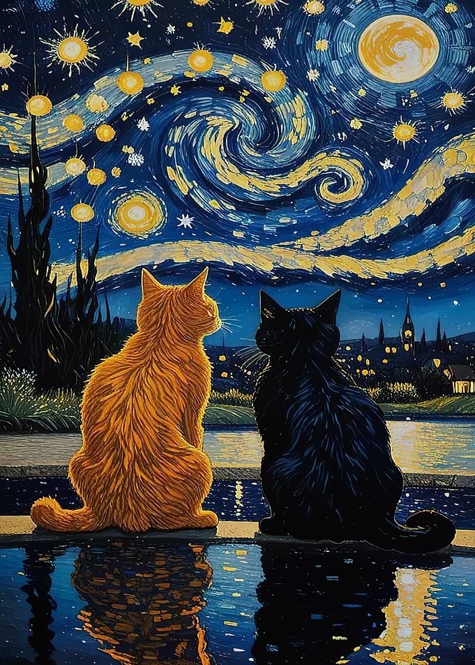 Cats under Starry Night Sky