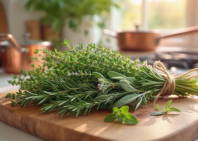 Fresh Herbs on Cutting Board