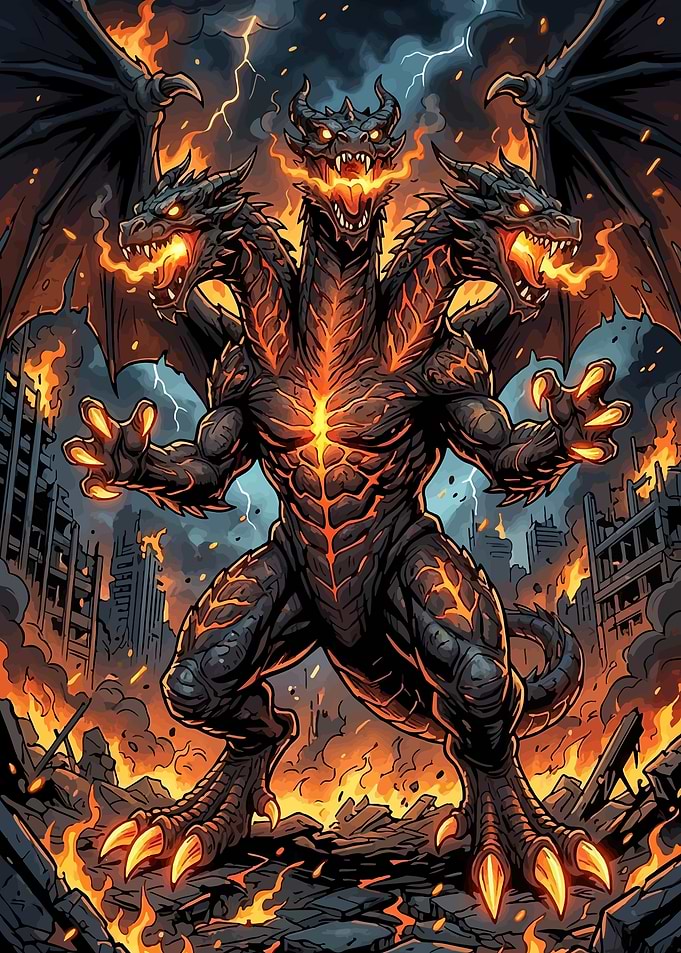 Three-Headed Dragon in Fiery City Ruins