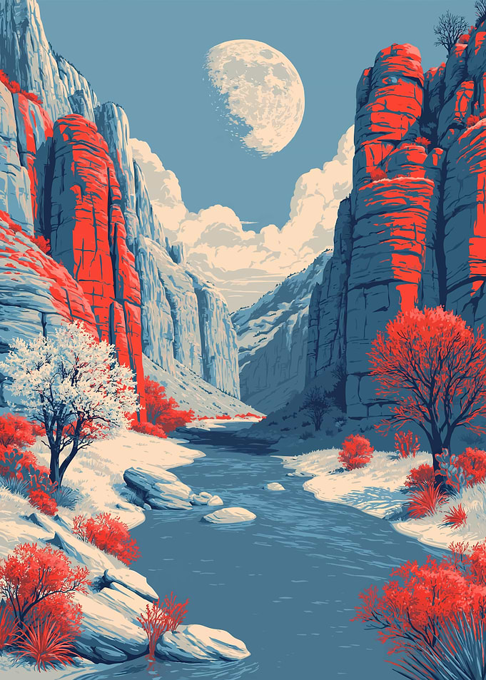 Canyon River Landscape with Moon