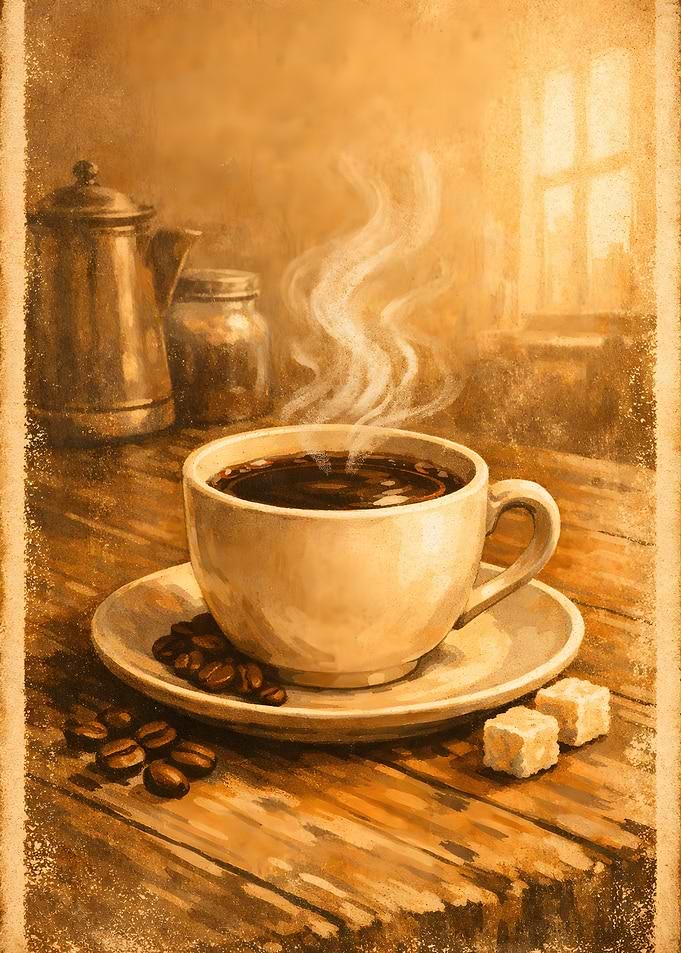 Steaming Cup of Coffee with Beans and Sugar