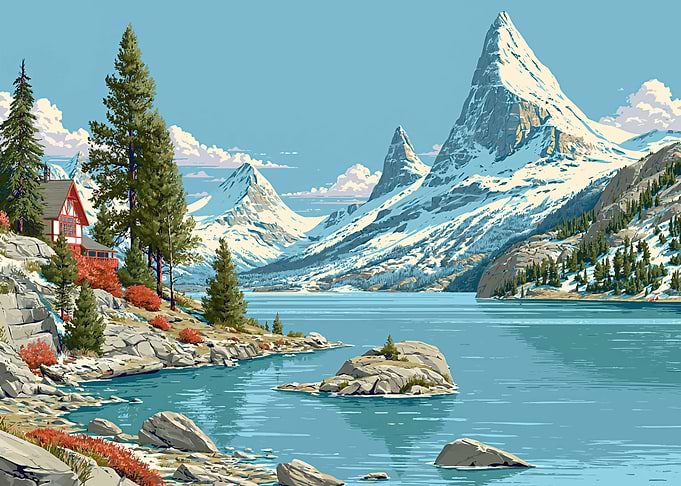 Alpine Lake Cabin with Snow-Capped Mountains