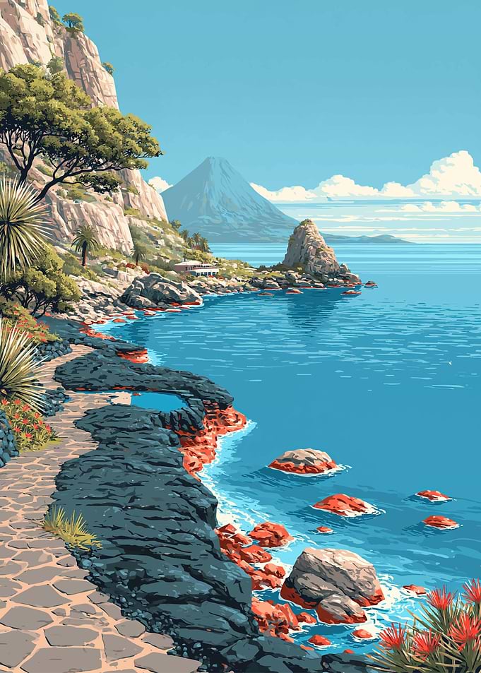 Coastal path with volcano and sea