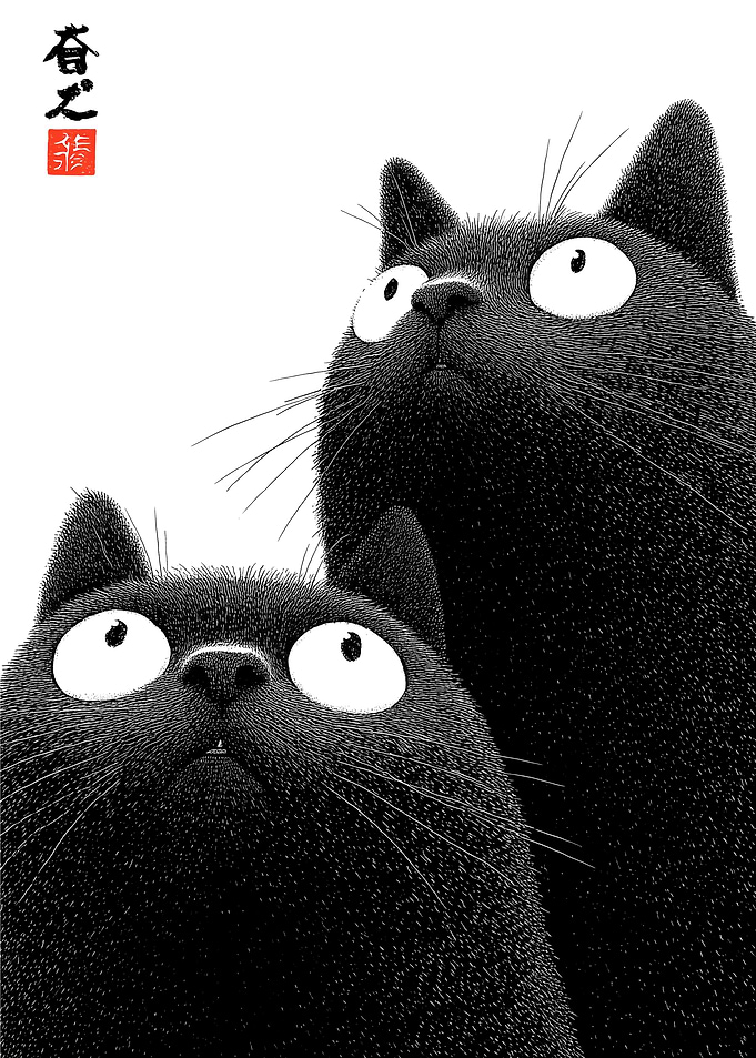 Two Black Cats Looking Up
