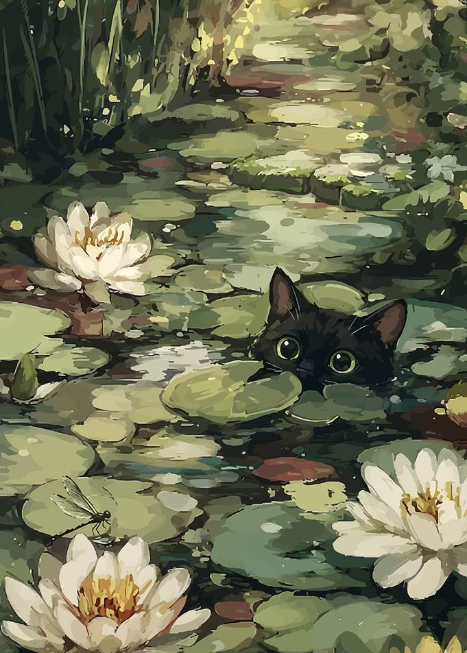 Black Cat Peeking Through Lily Pads