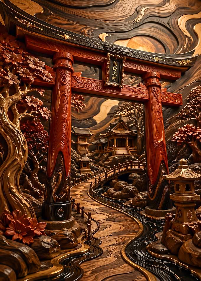 Japanese Torii Gate and Temple Scene