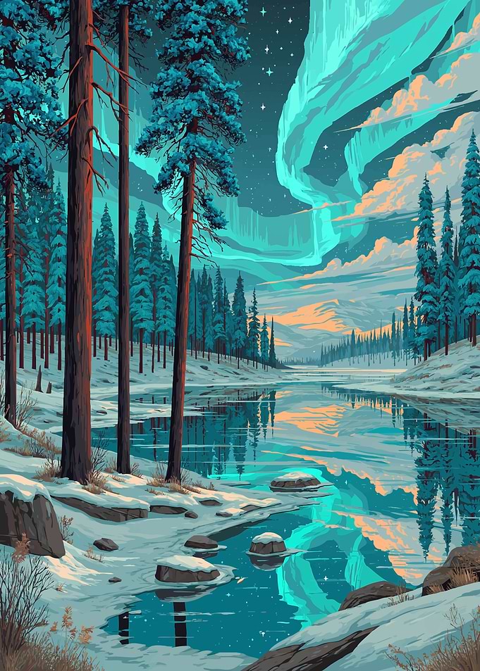 Aurora Borealis Over Snowy Forest and Lake