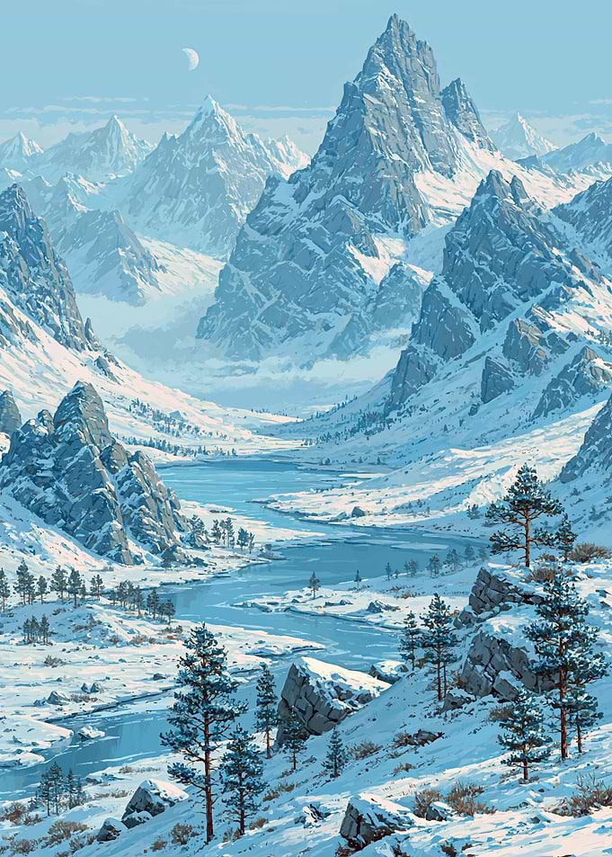 Snowy Mountain Valley with River