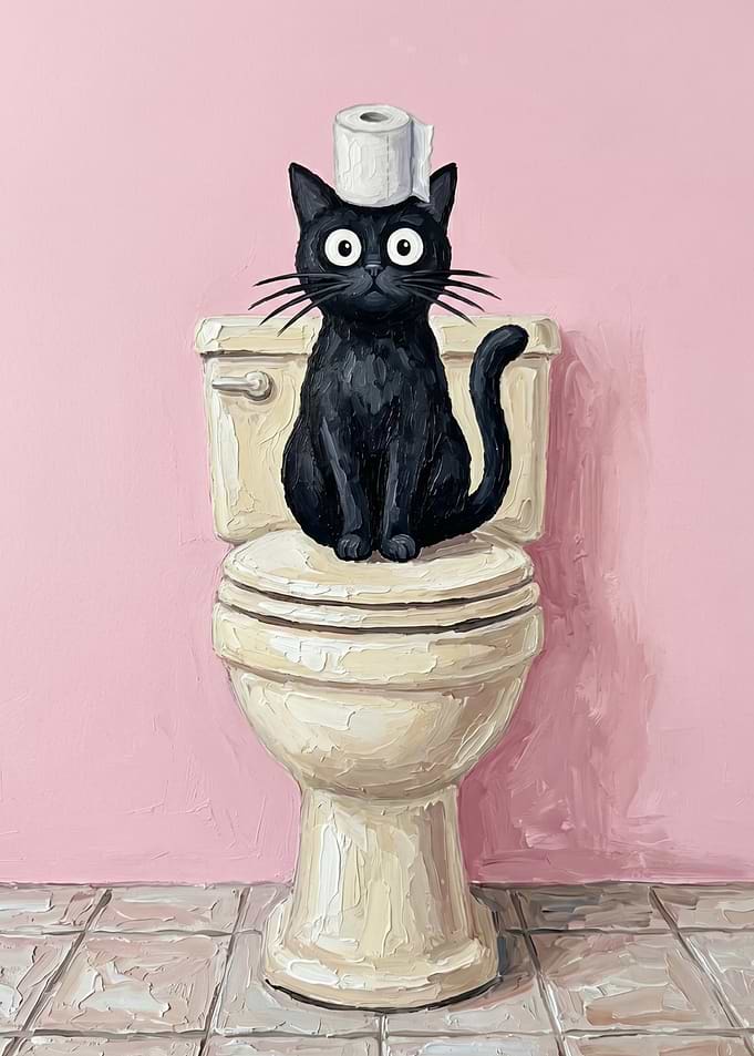 Black Cat on Toilet with Toilet Paper