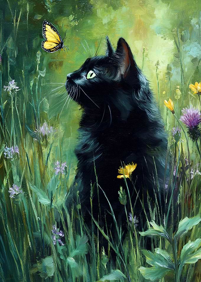 Black Cat and Butterfly in Meadow