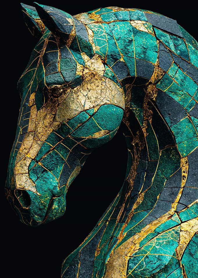 Emerald Gold Kintsugi Horse Art