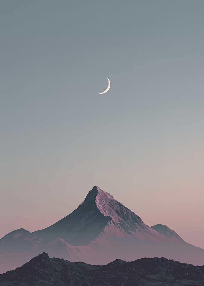 Crescent Moon Over Mountain Peaks