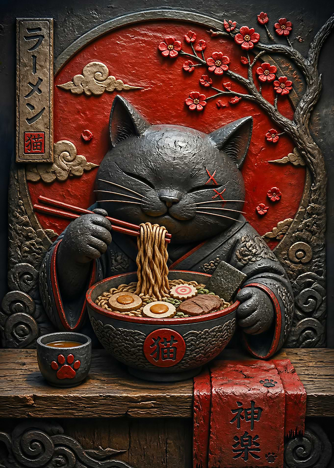 Cat Eating Ramen