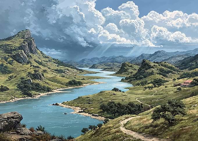 Serene River Valley Landscape Painting