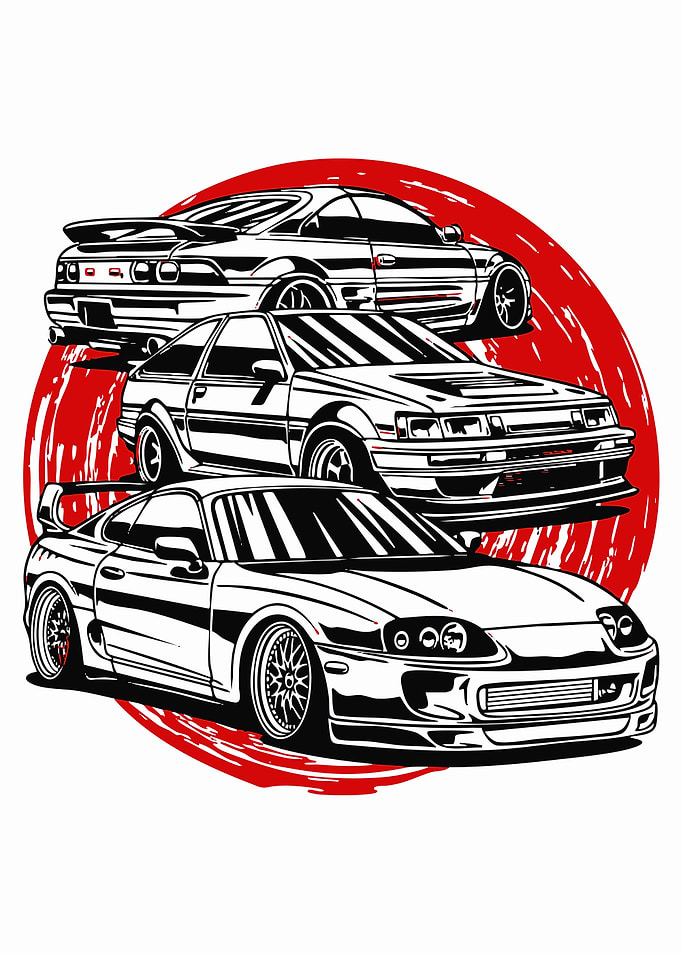 Japanese Sports Cars and Red Sun