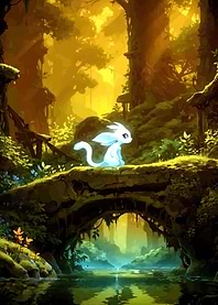 Ori on a stone bridge in a forest