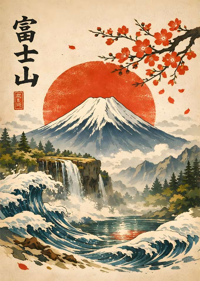 Mount Fuji with Cherry Blossoms and Waterfall