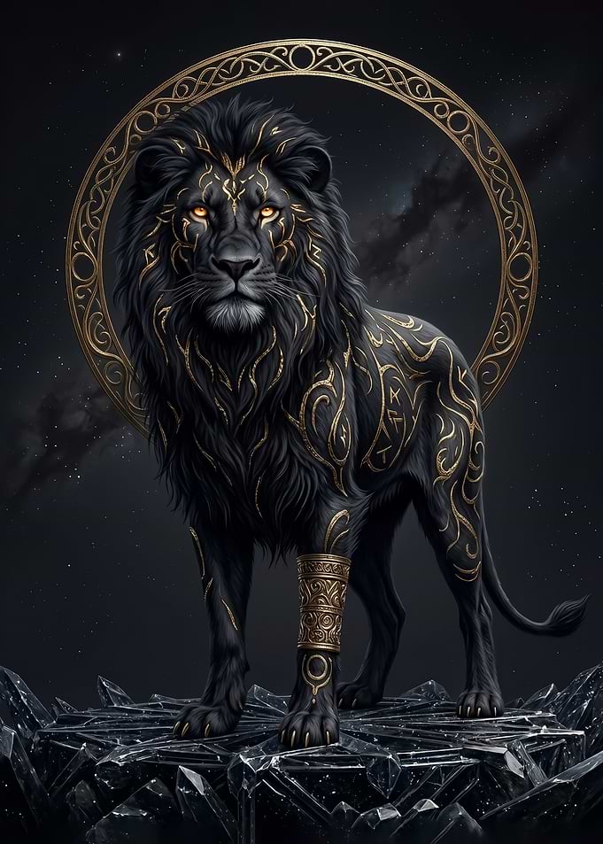 A majestic Black Lion with Gold Ornaments