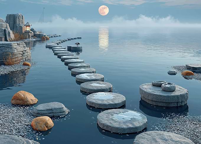 Stepping stones across a tranquil moonlit lake