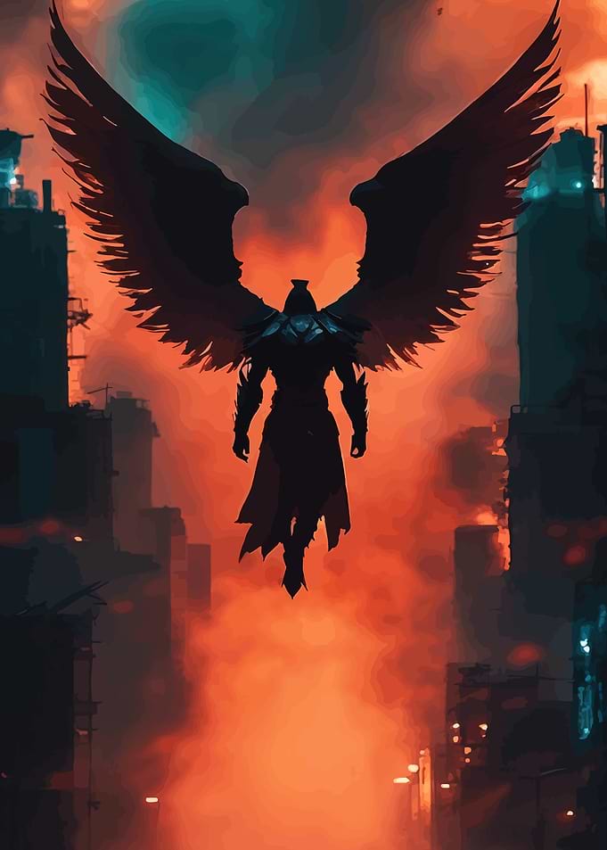 Winged Warrior in Fiery Cityscape