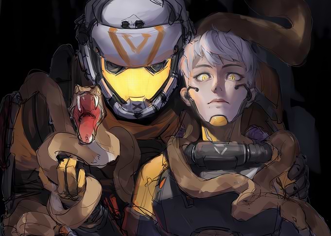 Sci-fi character with snake and robot