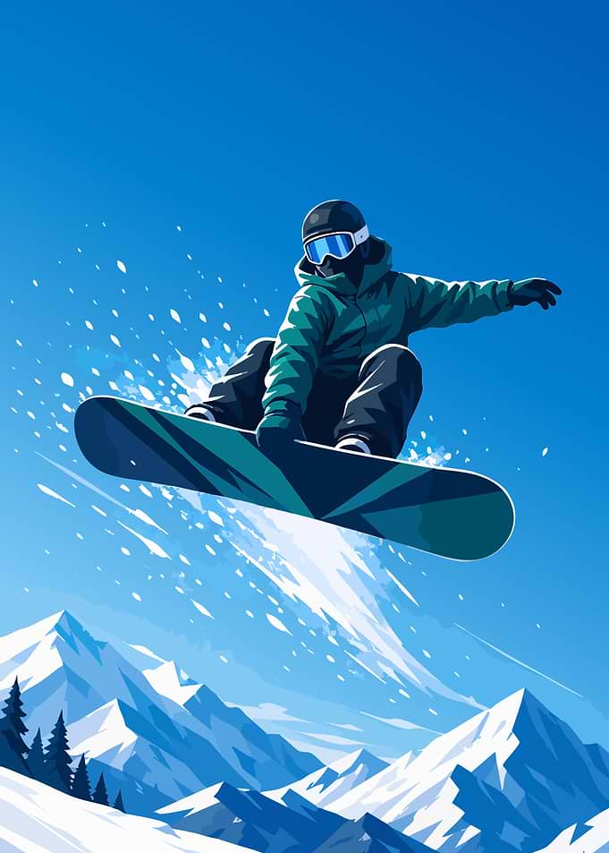 Snowboarder mid-air jump over mountains