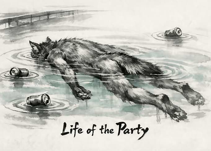 Wolf Floats Amidst Beer Cans