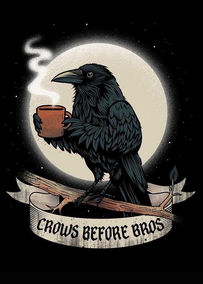 Raven Drinking Coffee Under the Moon