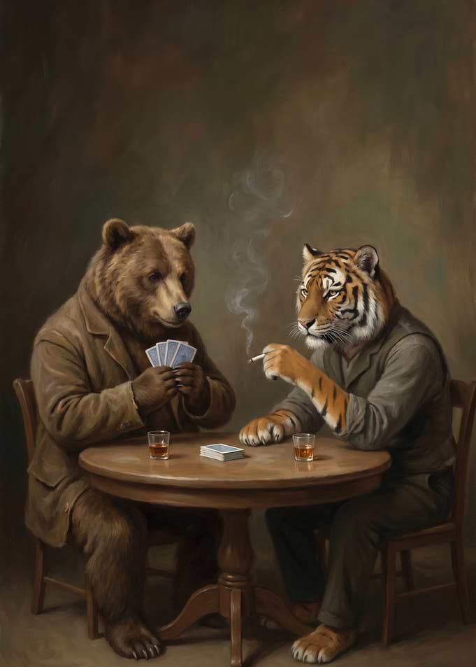 Anthropomorphic Bear and Tiger Playing Poker