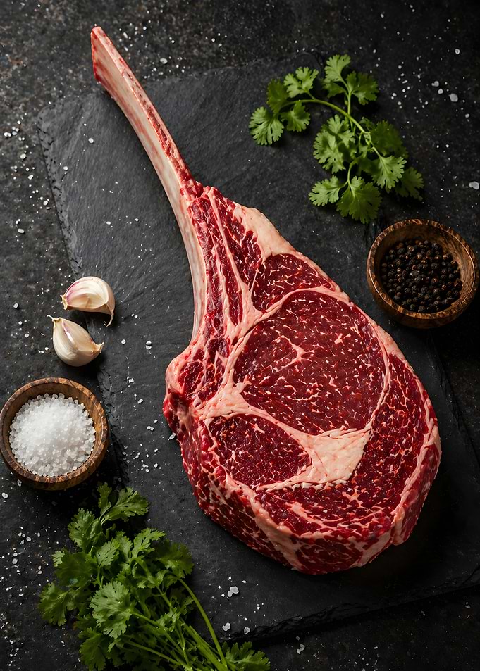 Raw Tomahawk Steak with Seasonings