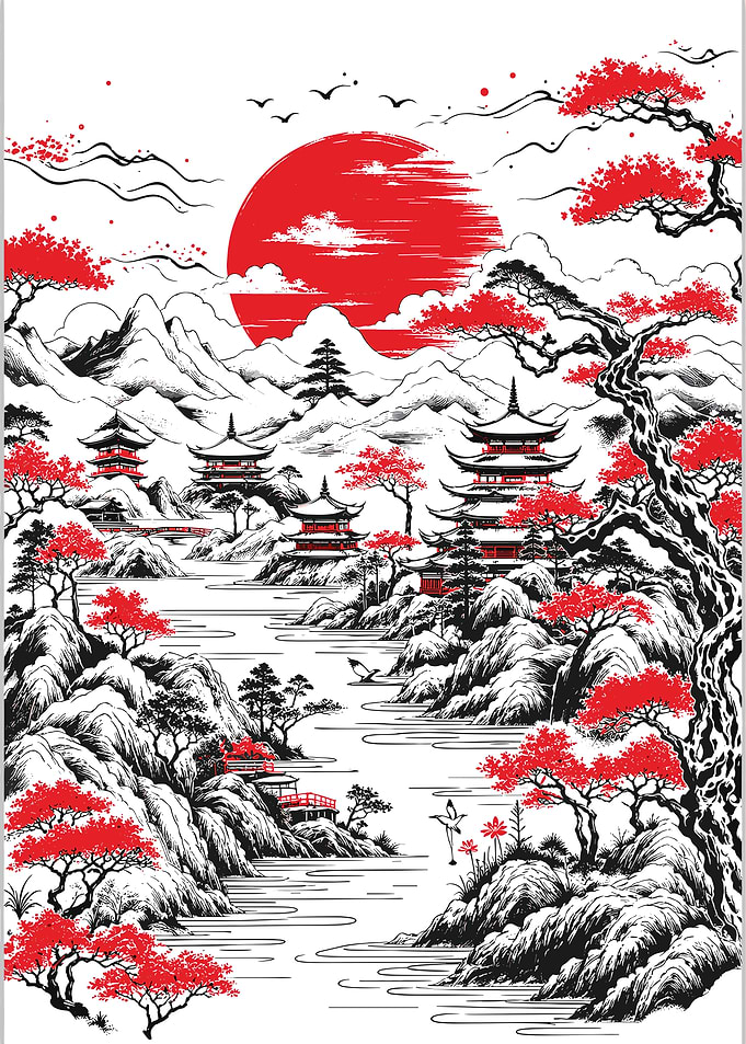 Japanese Landscape with Pagodas and Red Sun