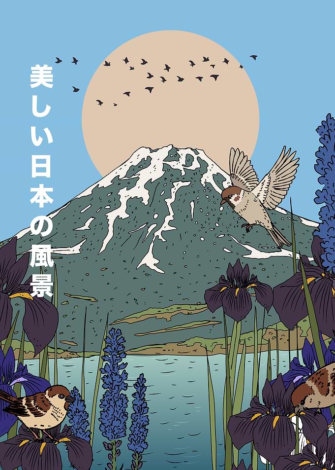 Japanese Landscape with Mount Fuji and Irises