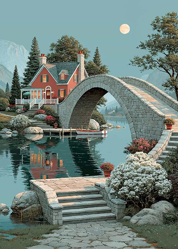 Tranquil Lakeside Cottage with Stone Bridge