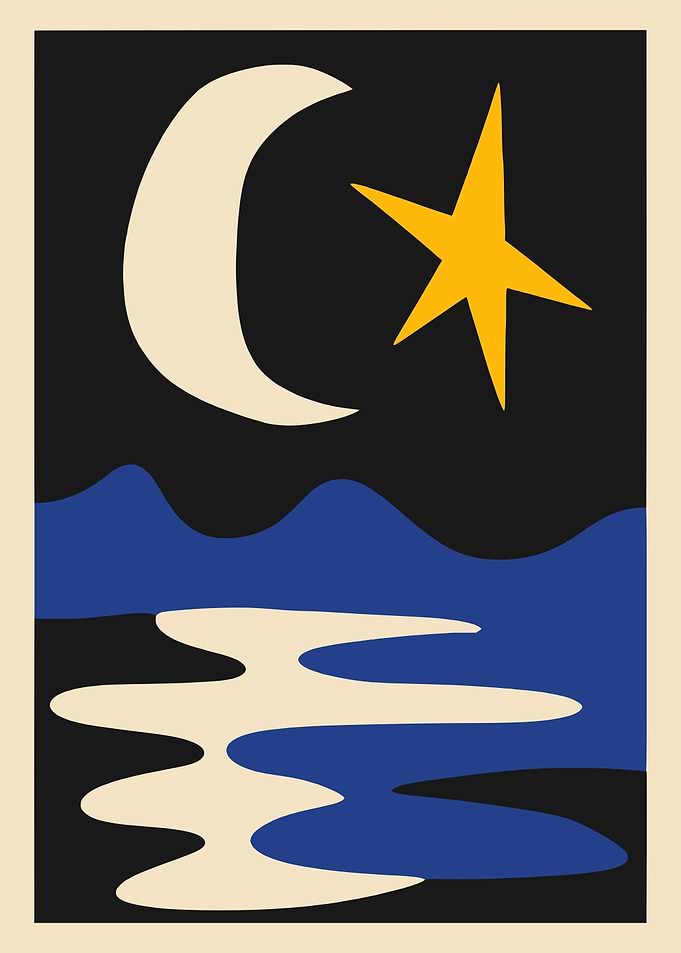 Abstract Night Landscape with Moon and Star