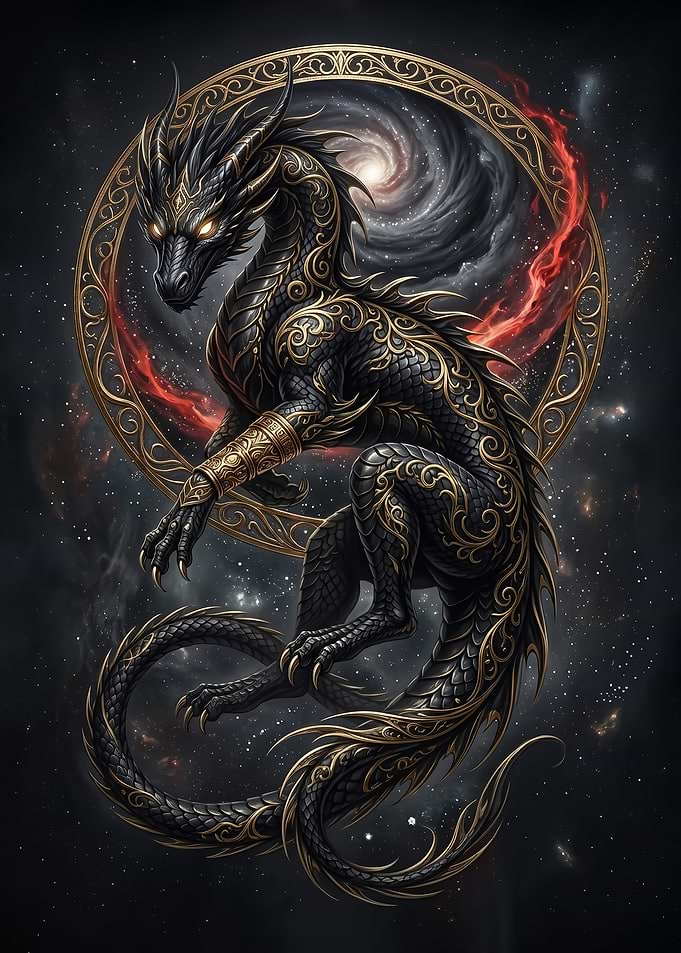 A majestic black Dragon with Golden Ornaments