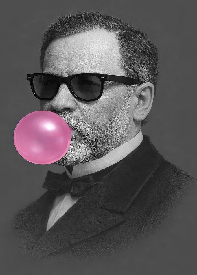 Louis Pasteur Man with Sunglasses Blowing Bubble Gum