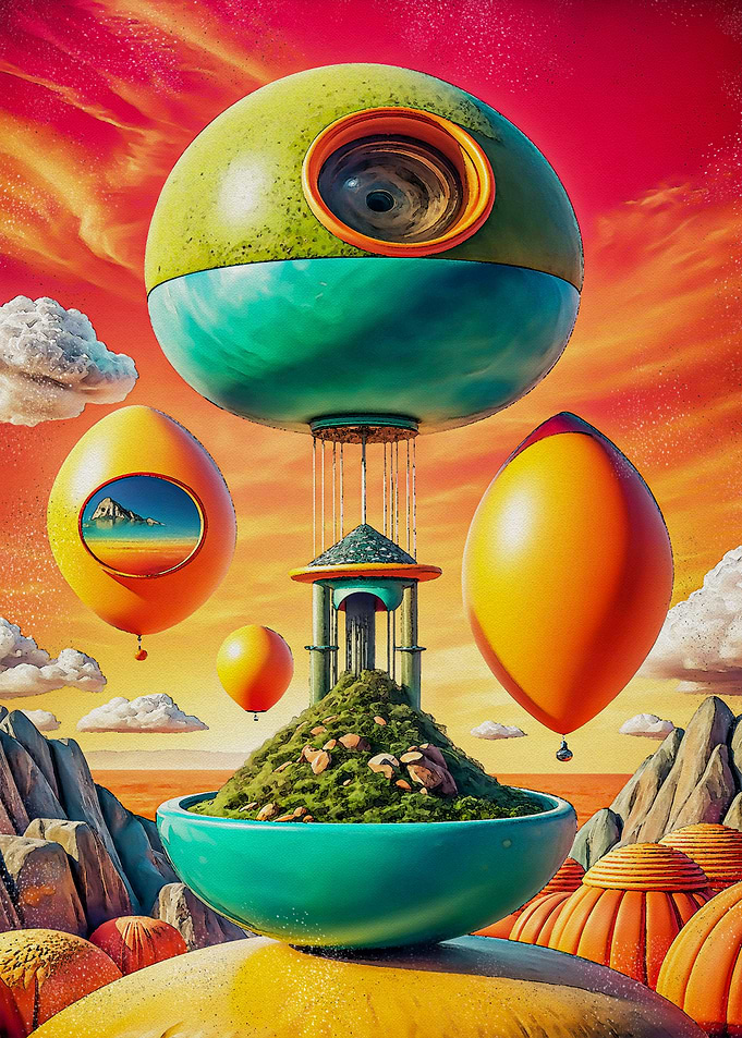 Surreal alien landscape with floating orbs