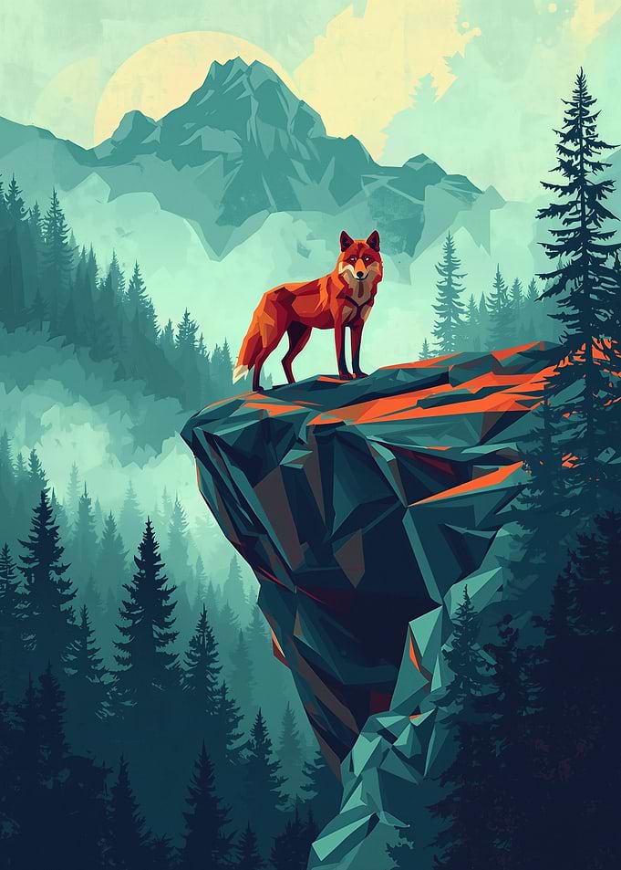 Polygonal Fox Standing on Cliff Above a Misty Forest