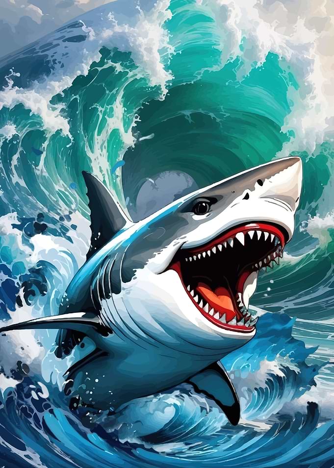 Shark breaching in a wave