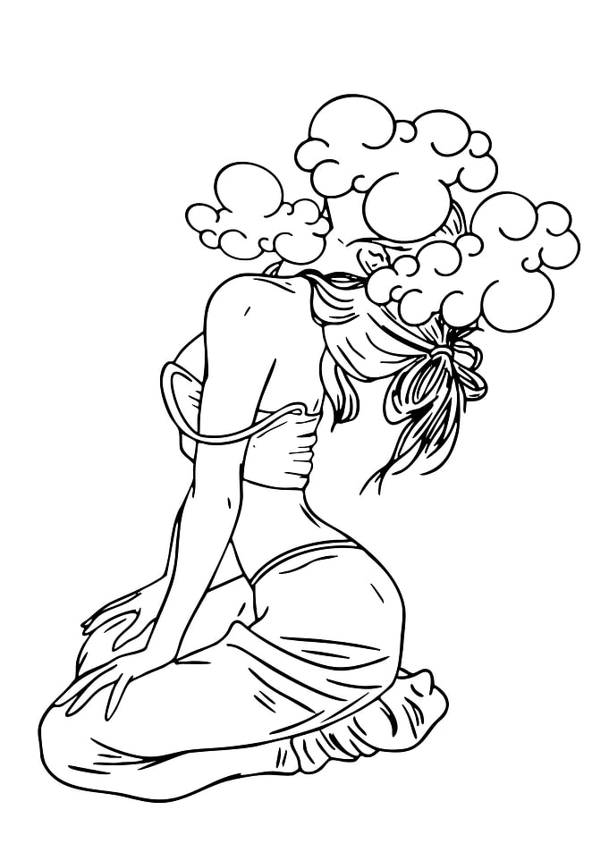 Woman with clouds for a head