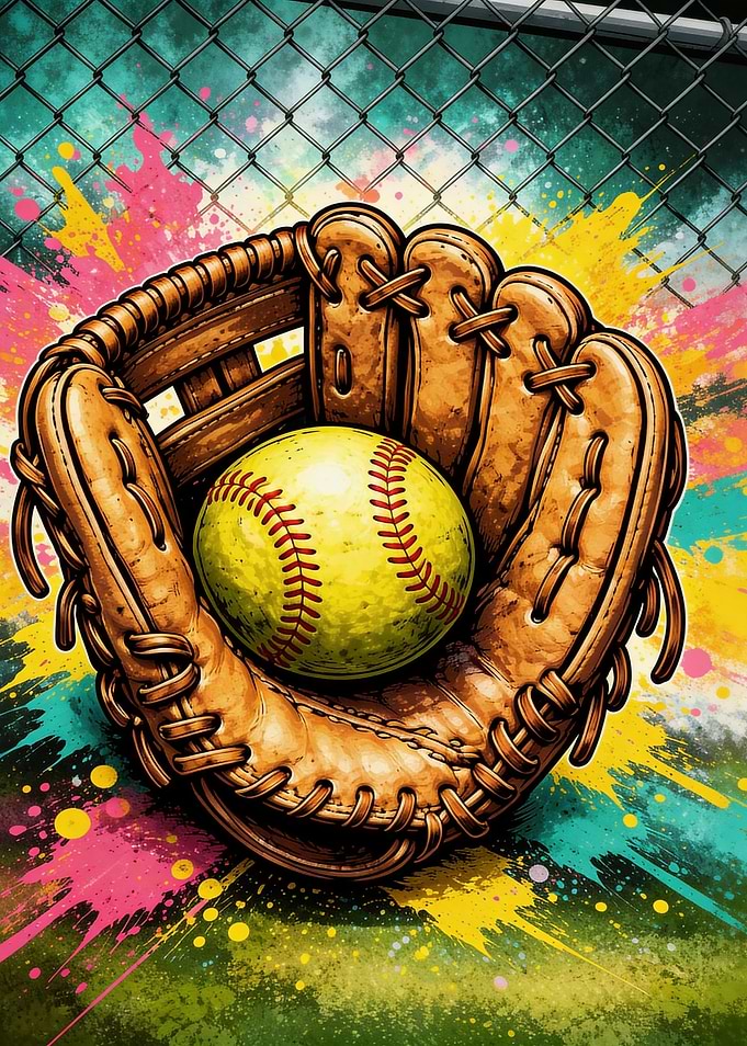 Softball Glove with Ball and Splatter Background
